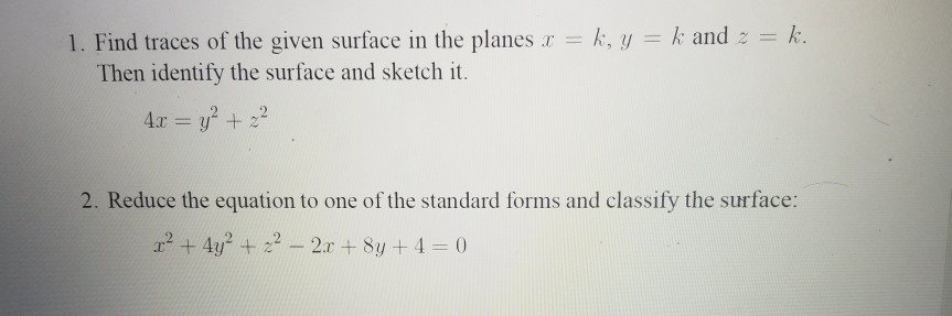 Solved 1. Find Traces Of The Given Surface In The Planes Y = 