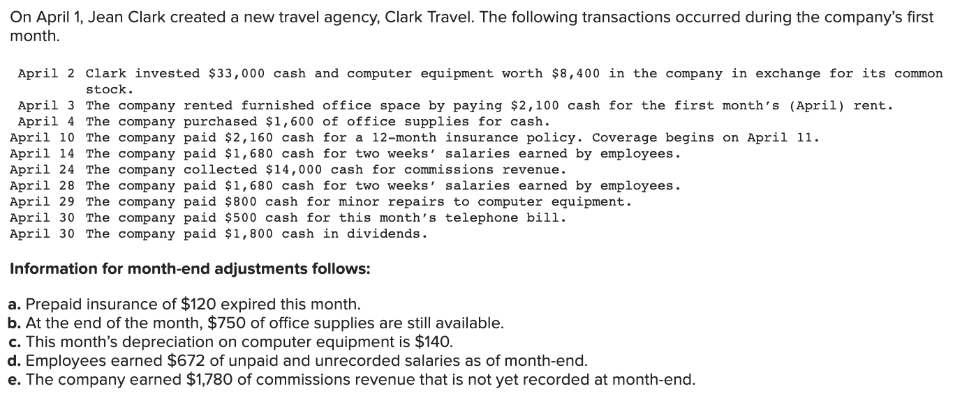 Solved On April 1, Jean Clark created a new travel agency,