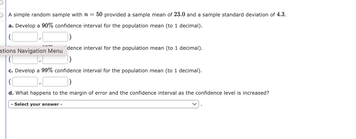 Solved A simple random sample with n=50 provided a sample | Chegg.com