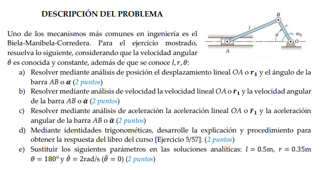 DESCRIPCIÓN DEL PROBLEMA Uno de los mecanismos más comunes en ingeniería es el Biela-Manibela-Corredera. Para el ejercicio mo