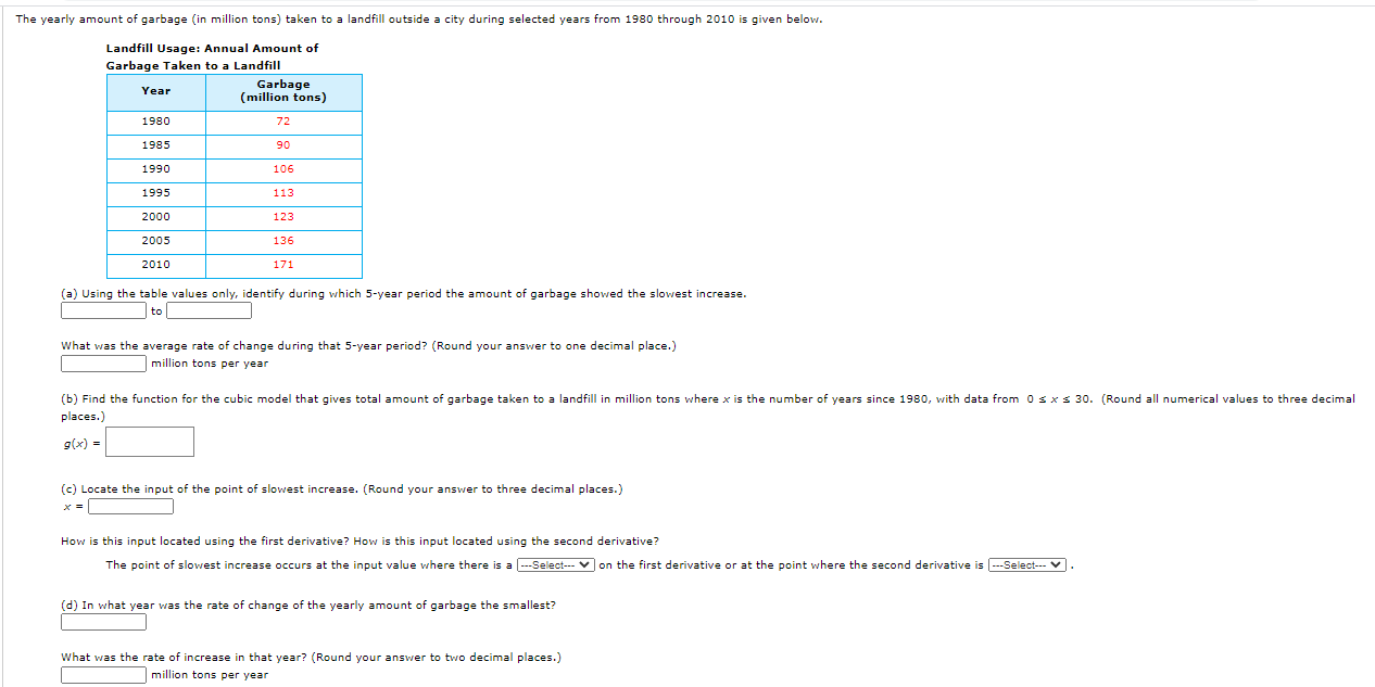 Solved The yearly amount of garbage (in million tons) taken | Chegg.com