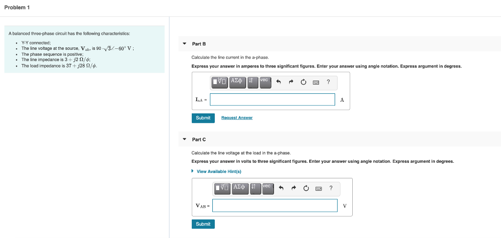 Solved Problem 1 Part A A Balanced Three-phase Circuit Has | Chegg.com