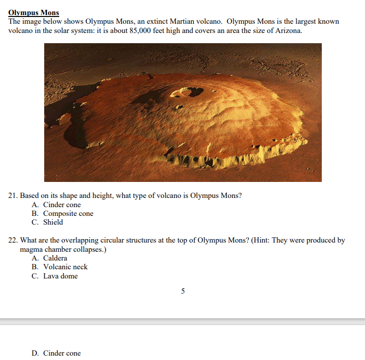 Solved Olympus Mons The Image Below Shows Olympus Mons An Chegg Com