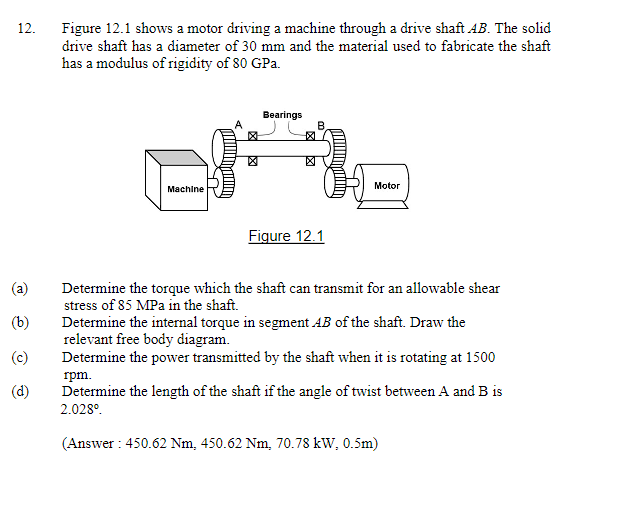 12. Figure \( 12.1 \) shows a motor driving a machine through a drive shaft \( A B \). The solid drive shaft has a diameter o