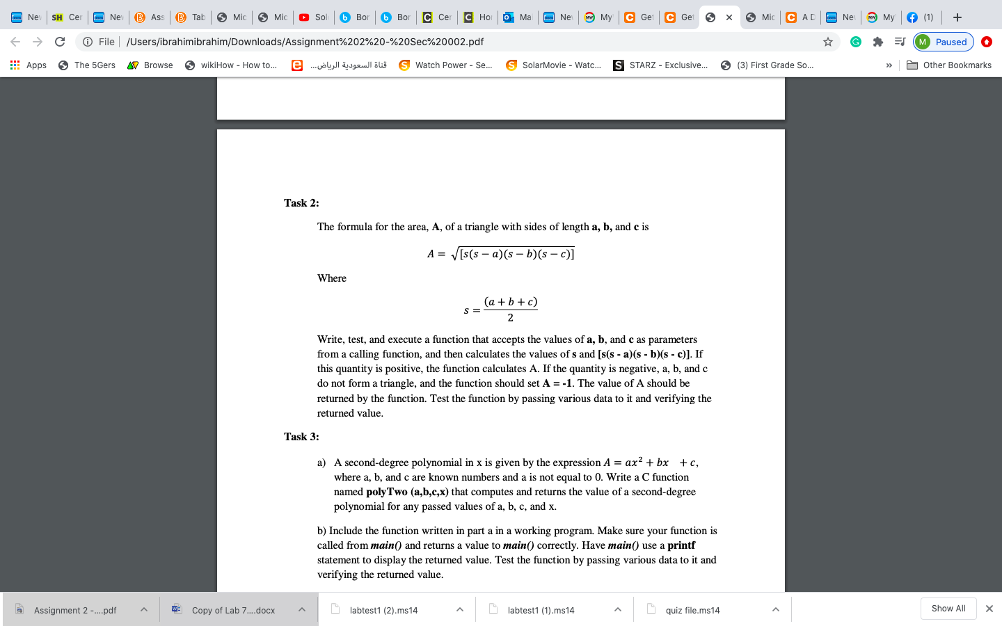 Solved Task 2 The Formula For The Area A Of A Triangle Chegg Com