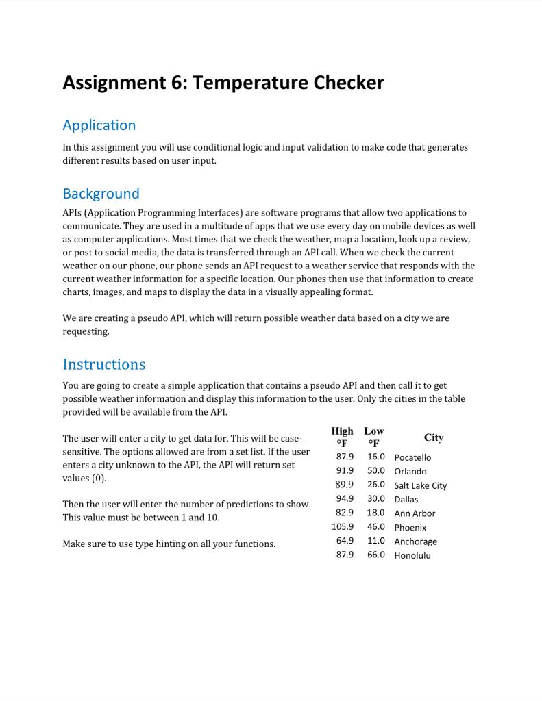 Solved Assignment 6: Temperature Checker Application In this | Chegg.com