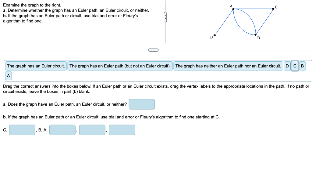 Examine the graph to the right.
a. Determine whether the graph has an Euler path, an Euler circuit, or neither.
b. If the gra