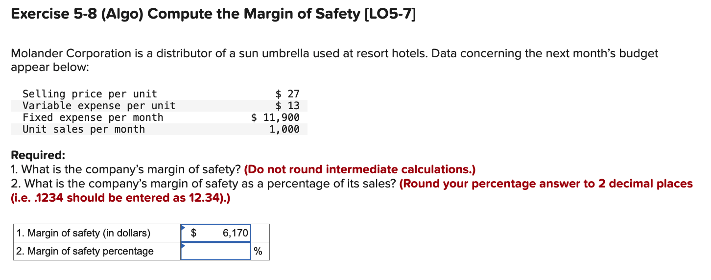 Solved Exercise 5-8 (Algo) Compute the Margin of Safety | Chegg.com