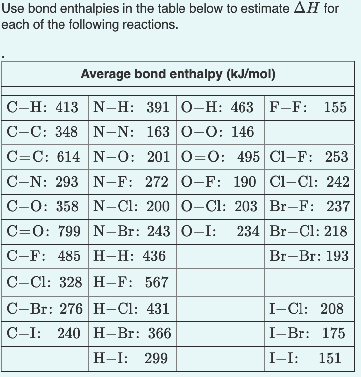 Solved Use Bond Enthalpies In The Table Below To Estimate AH | Chegg.com