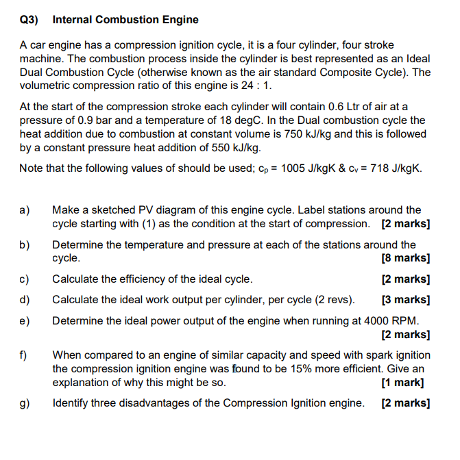 Solved Q3) Internal Combustion Engine A car engine has a | Chegg.com