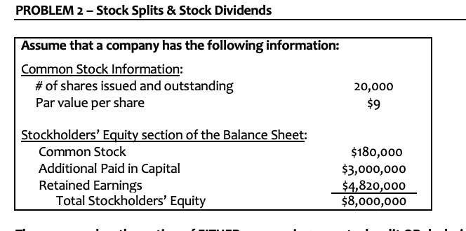 Solved PROBLEM 2 - Stock Splits & Stock Dividends Assume | Chegg.com