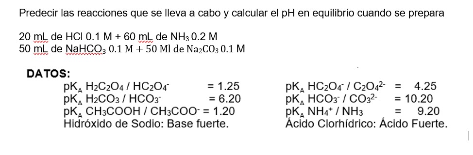 Predecir las reacciones que se lleva a cabo y calcular el pH en equilibrio cuando se prepara \( 20 \mathrm{~mL} \) de \( \mat