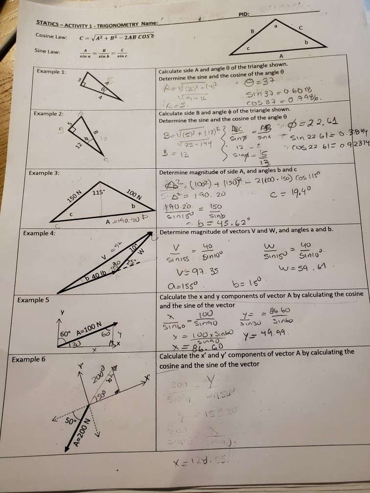 Solved STATICS ACTIVITY 1 -TRIGON Sine Law: sin a sin b sn c | Chegg.com