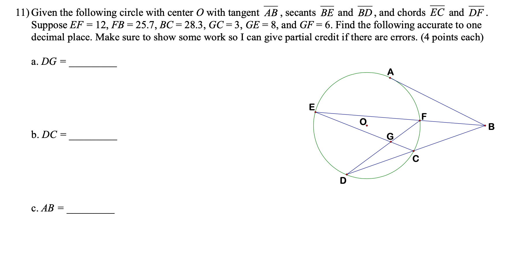 Solved 11 Given The Following Circle With Center With Ta Chegg Com