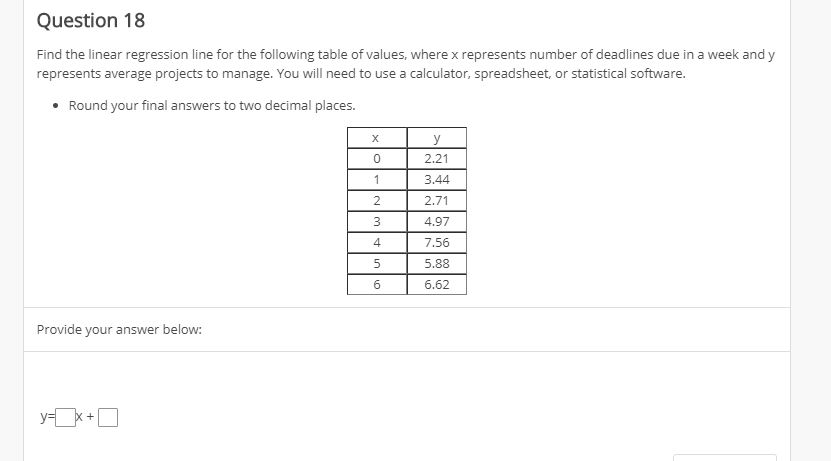 Solved Question 18 Find the linear regression line for the | Chegg.com