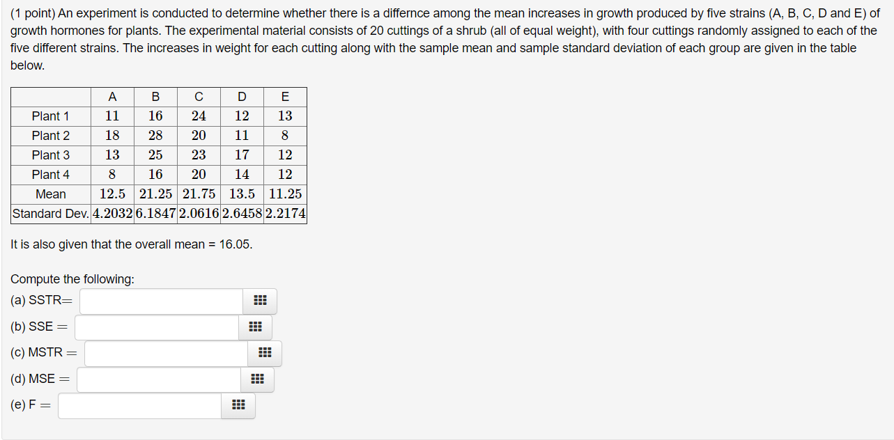 Solved (1 point) An experiment is conducted to determine | Chegg.com