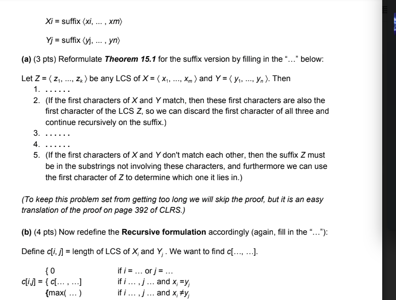 Solved 2 Lcs Suffix 13 Pts Problem 2 Lcs Suffix Problem Redo Derivation Lcs Dynamic Programming A Q