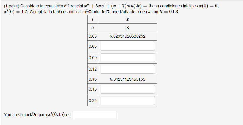 (1 point) Considera la ecuaciÃ³n diferencial x +5xx + (x+7) sin(2t) = 0 con condiciones iniciales x(0) = 6, x(0) = 1.5. Co