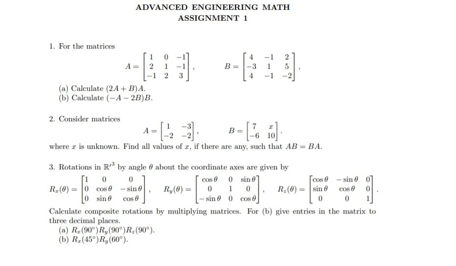 Solved ADVANCED ENGINEERING MATH ASSIGNMENT 1 4 B=-3 1. For | Chegg.com