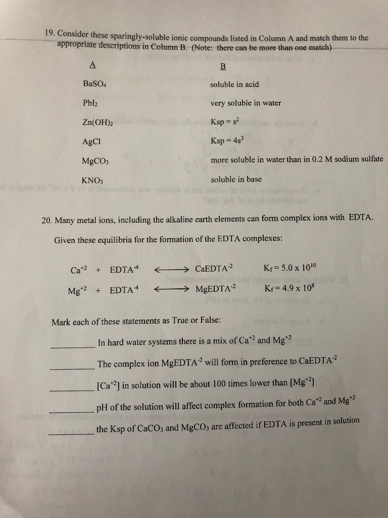 Solved 19 consider these sparingly soluble ionic compounds chegg