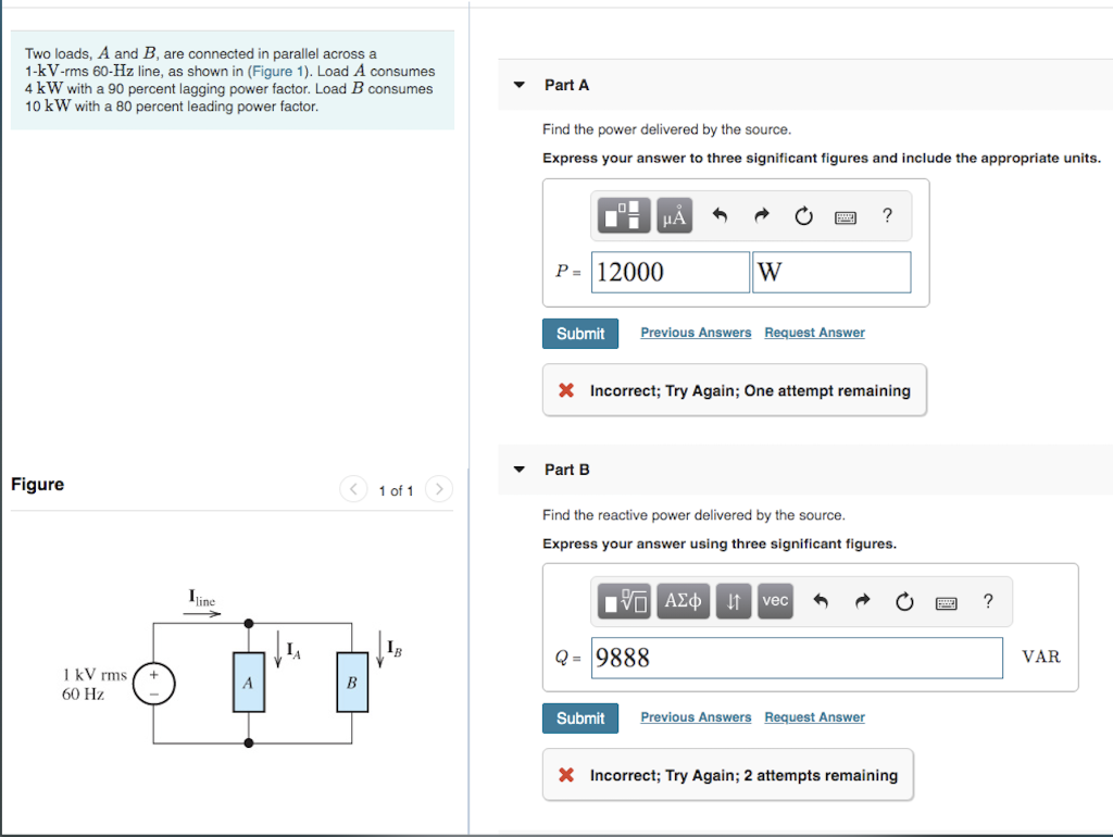 Solved Two Loads, A And B, Are Connected In Parallel Across | Chegg.com