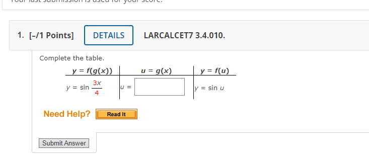 /1 Points] \( \quad \) LARCALCET7 3.4.010. Complete the table.