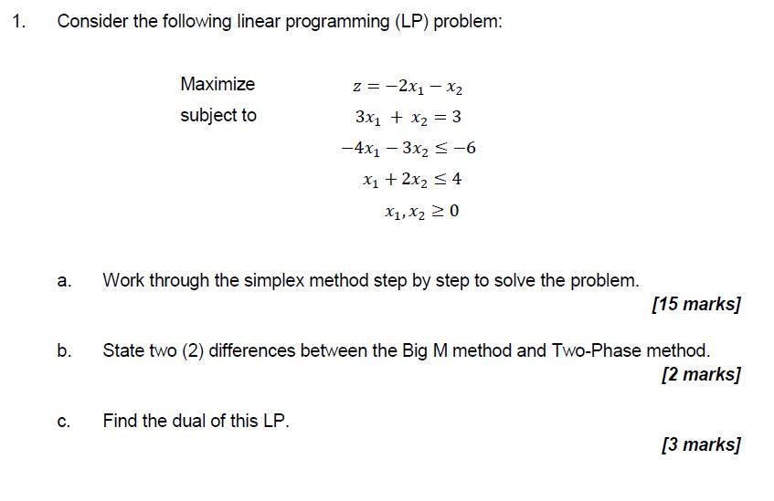 Solved 1. Consider the following linear programming (LP) | Chegg.com