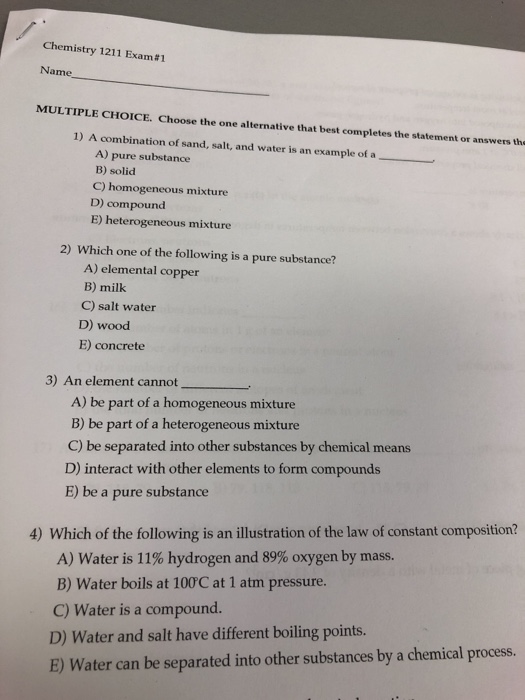 Solved Chemistry 1211 Exam#1 Name MULTIPLE CHOICE. Choose | Chegg.com