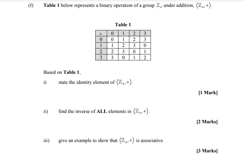 Solved (1) Table 1 below represents a binary operation of a | Chegg.com