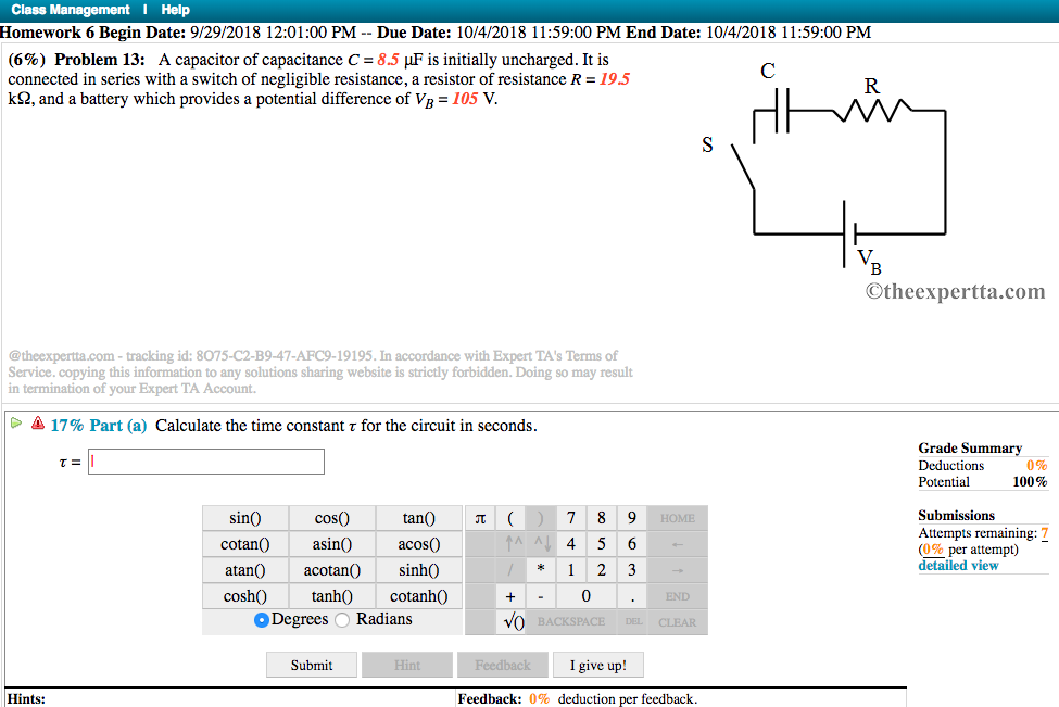 Solved A Capacitor Of Capacitance C=8.5uF Is Initially | Chegg.com