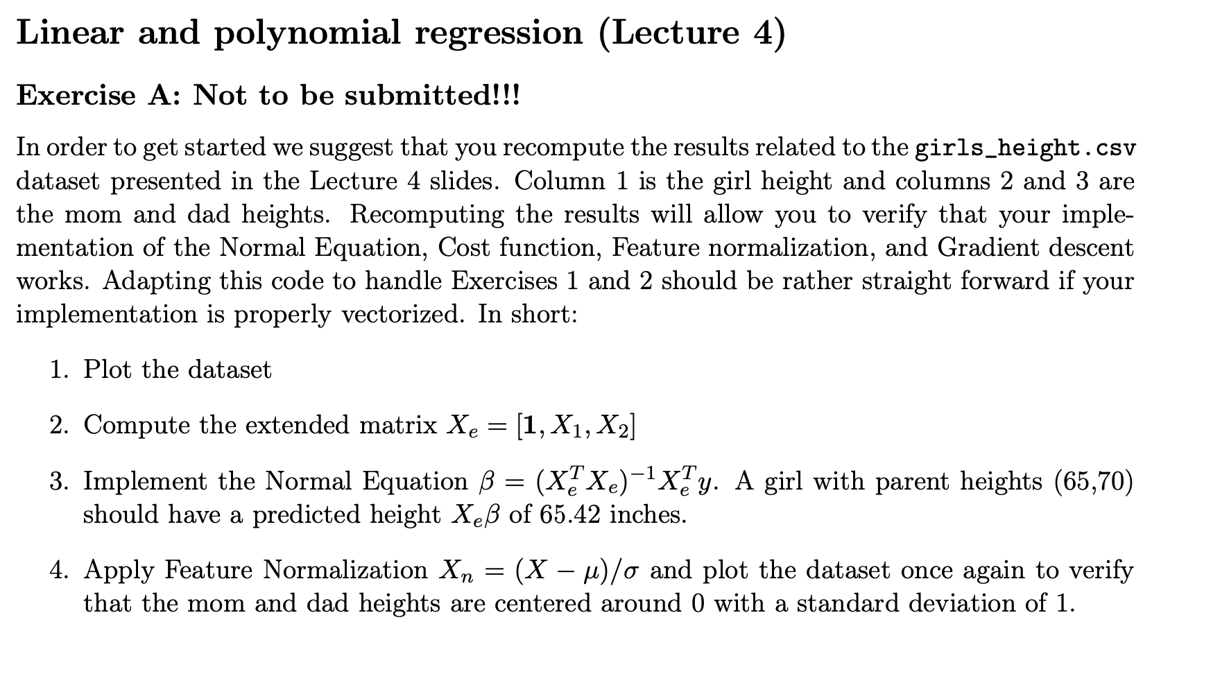 Linear and polynomial regression (Lecture 4) Exercise | Chegg.com