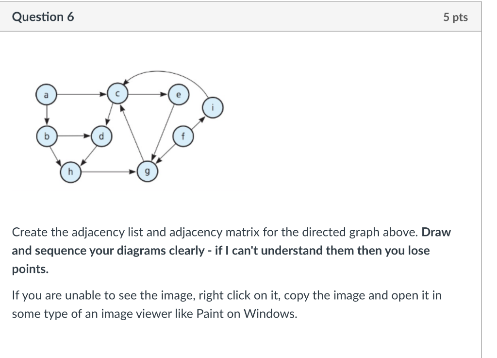 Solved Question 6 5 pts Create the adjacency list and | Chegg.com