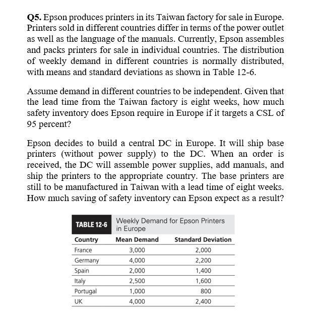 Solved Q Epson Produces Printers In Its Taiwan Factory For Chegg Com