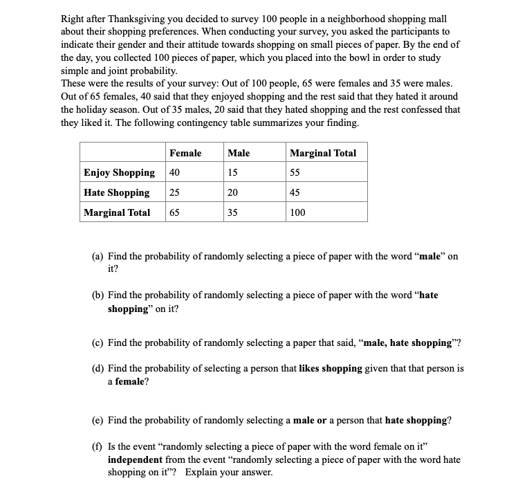 Solved Right after Thanksgiving you decided to survey 100 | Chegg.com