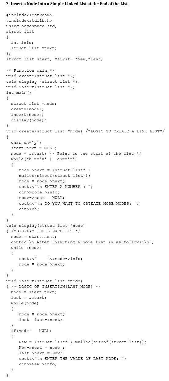 Solved 3. Insert a Node Into a Simple Linked List at the End | Chegg.com