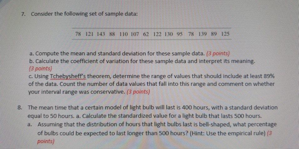 Solved 7. Consider the following set of sample data: 78 121 | Chegg.com