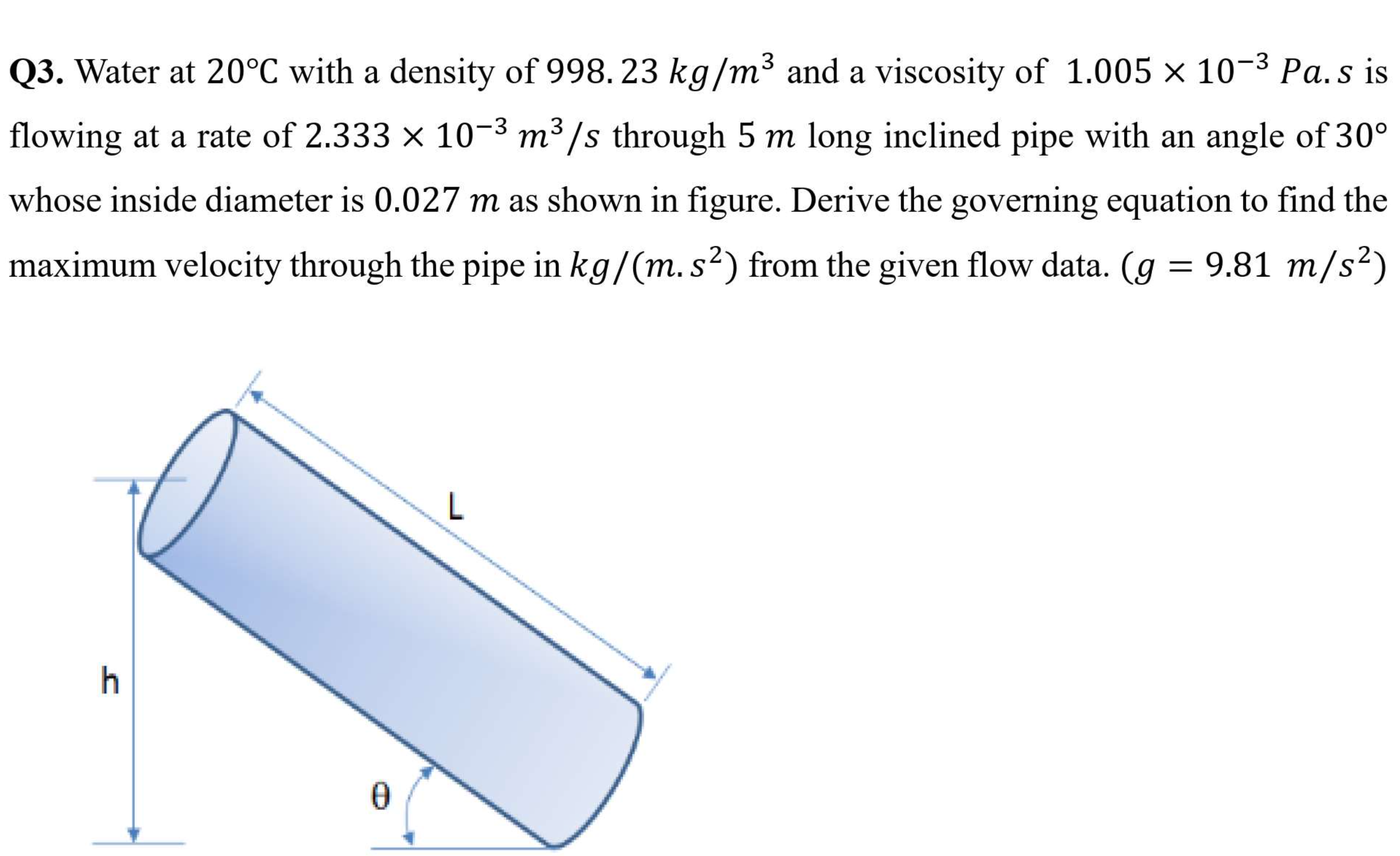 Solved Q3. Water at 20∘C with a density of 998.23 kg/m3 and | Chegg.com