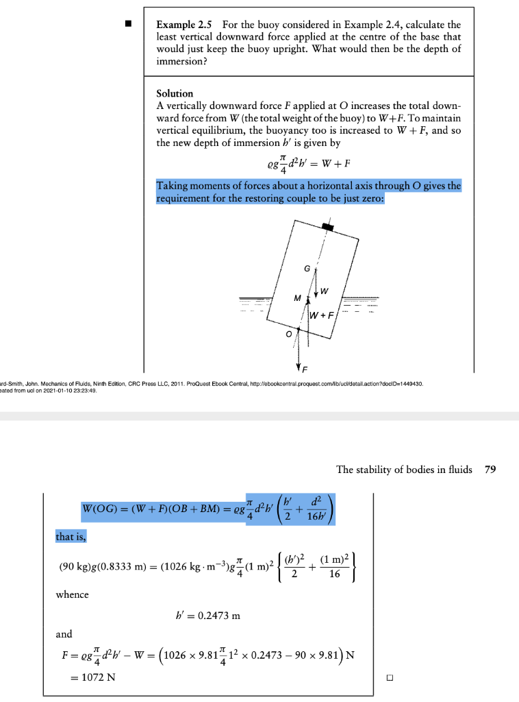 Solved Example 2 5 For The Buoy Considered In Example 2 4 Chegg Com