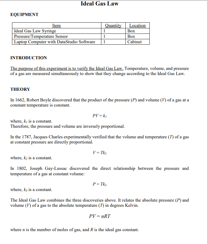 Ideal Gas Law EQUIPMENT Quantity Item Ideal Gas Law