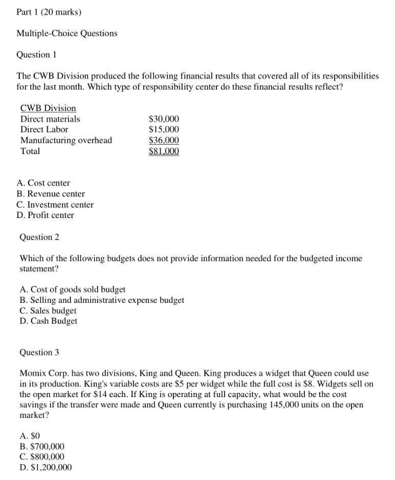 Solved Part 1 (20 marks) Multiple-Choice Questions Question | Chegg.com
