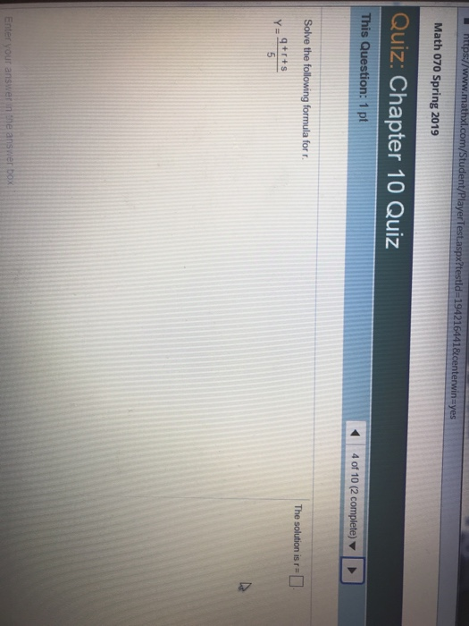 Math 070 Example Question Solved Math 070 Spring 2019 Quiz: Chapter 10 Quiz This | Chegg.com