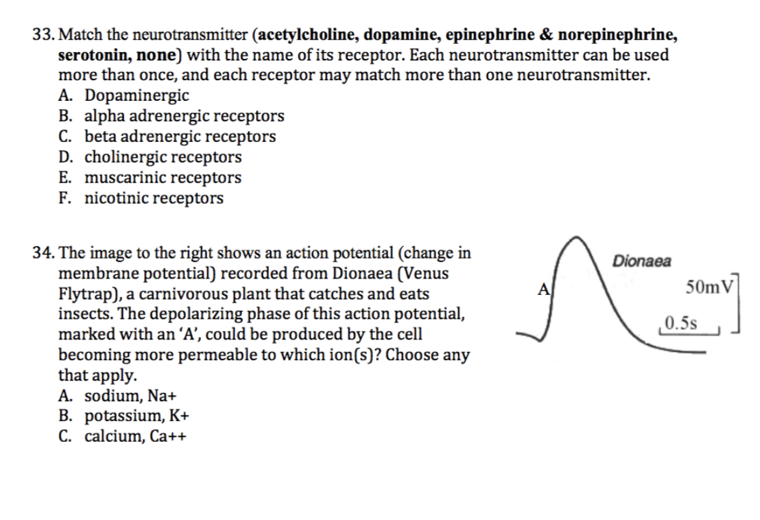 Solved 33 Match The Neurotransmitter Acetylcholine Chegg Com