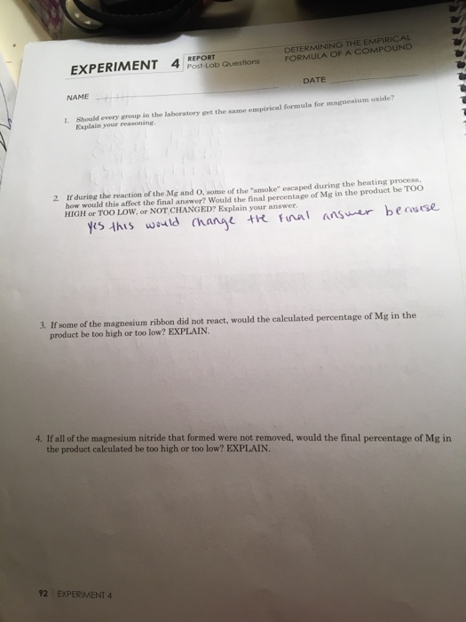 experiment 4 determining the empirical formula of a compound