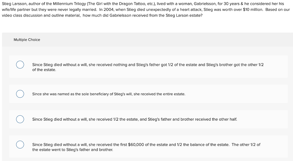 Solved Stieg Larsson Author Of The Millennium Trilogy T Chegg Com