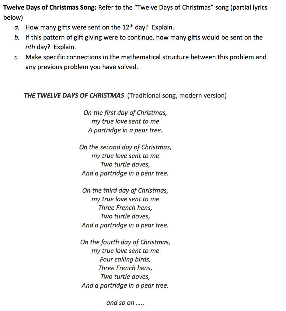 Solved Twelve Days of Christmas Song: Refer to the 
