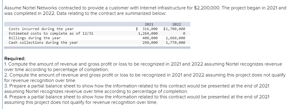 Assume nortel networks contracted to provide a customer with internet infrastructure for $2,200,000. the project began in 202