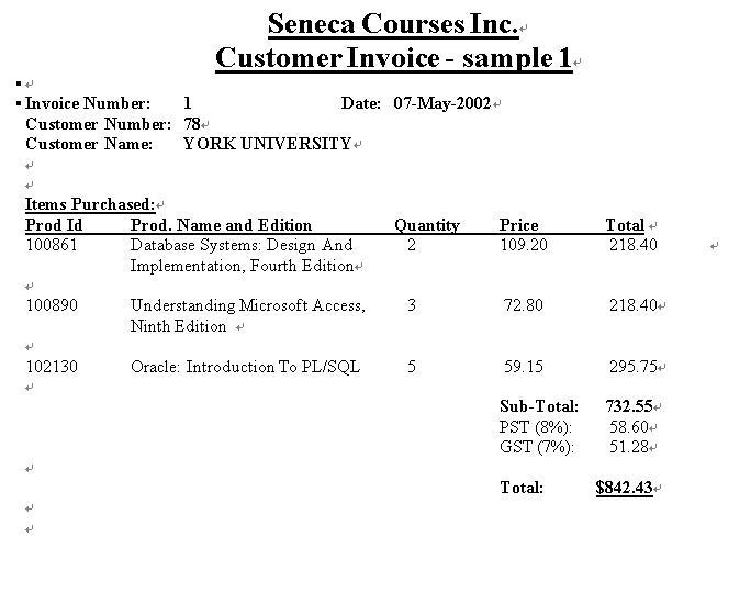 Seneca Courses Inc. Customer Invoice - sample 1. I • | Chegg.com