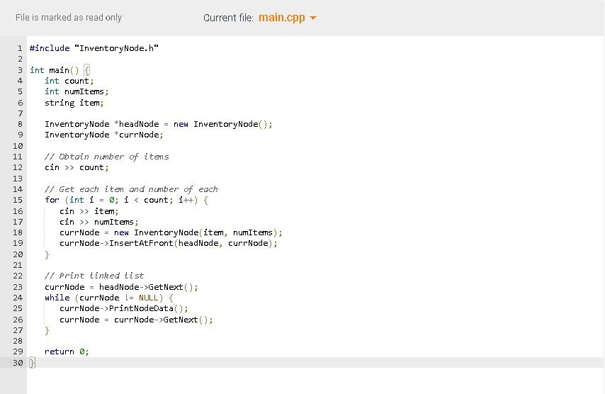 Solved Given main0, define an InsertAtFront0 member function | Chegg.com