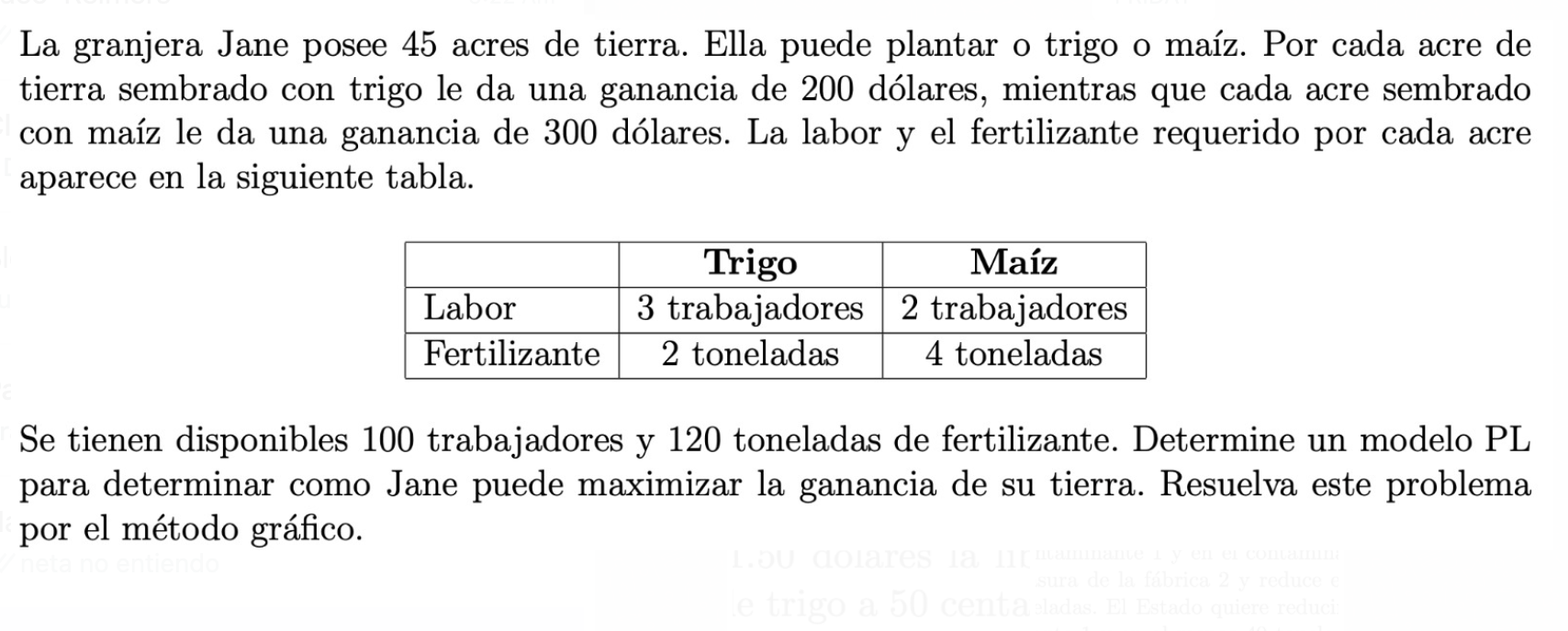 La granjera Jane posee 45 acres de tierra. Ella puede plantar o trigo o maíz. Por cada acre de tierra sembrado con trigo le d