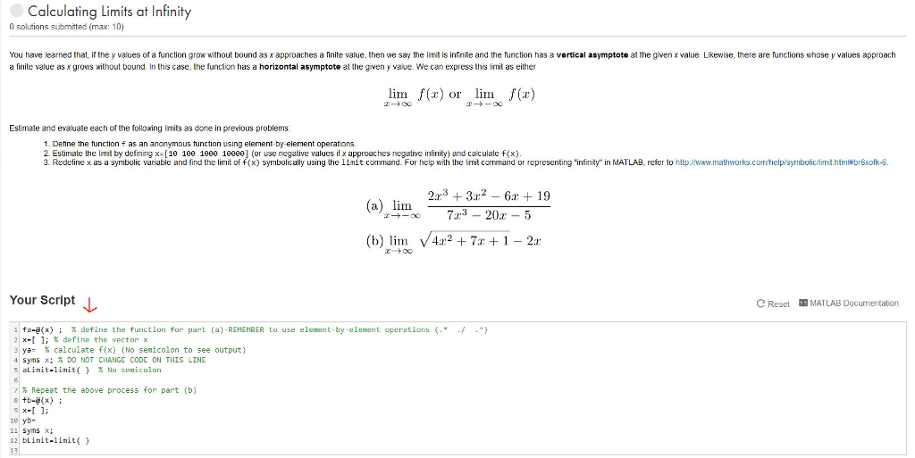 MATLAB: Calculating Limits at Infinity Please I | Chegg.com